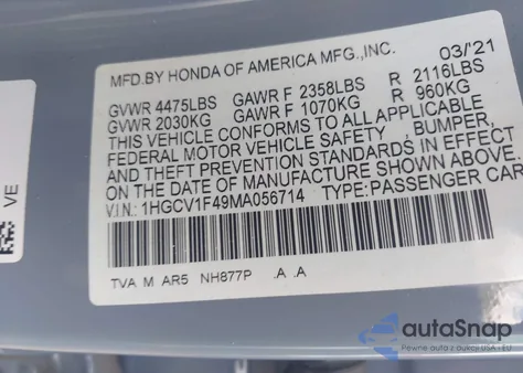 2021 Honda Accord Sport Special Edition z USA, uszkodzony, nr VIN 1HGCV1F49MA056714